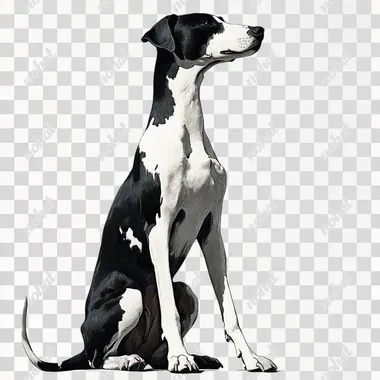 a black and white greyhound is sitting, white background --s 250