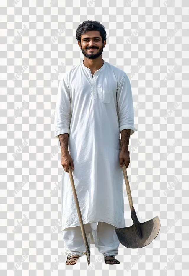 Smiling Young Farmer in Traditional Attire with Shovel