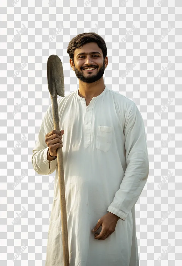 Smiling Young Farmer in Traditional Attire with Shovel