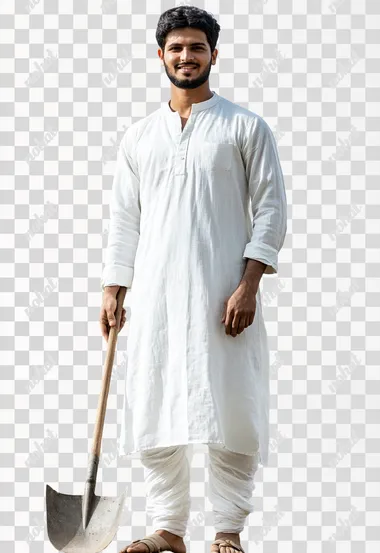 A young 20 years old indian smiling farmer in white shalwar kameez standing in white isolated background, clean shave without beard with holding a shovel, full length camera facing pose, wearning sandal, illuminating parts of the scene, creating a realistic effect. In the background, there is lush green farmland.  --s 200