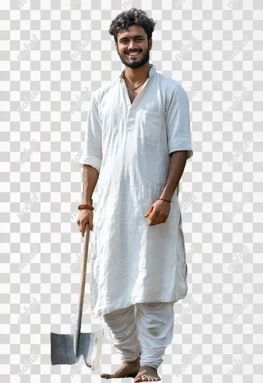 A young 20 years old indian smiling farmer in white shalwar kameez standing in white isolated background, clean shave without beard with holding a shovel, full length camera facing pose, wearning sandal, illuminating parts of the scene, creating a realistic effect. In the background, there is lush green farmland.  --s 200