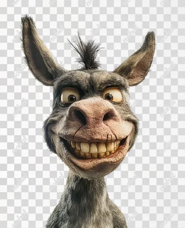 A animated picture of a dopey looking donkeys Head with a stupid looking grin on a plain white background