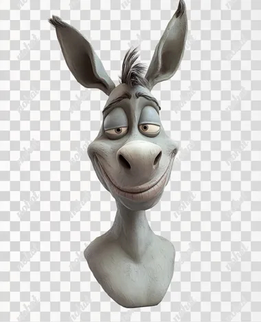 A animated picture of a dopey looking donkeys Head with a stupid looking grin on a plain white background