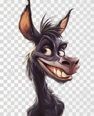 A animated picture of a dopey looking donkeys Head with a stupid looking grin on a plain white background