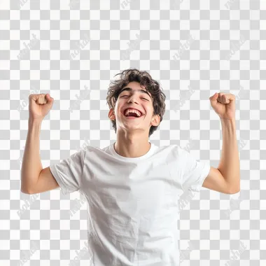 happy joyful teenager in stock photo style white background --s 50