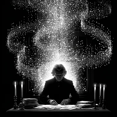 In a smoky caf lit by candlelight and rebellion, the male writer leans over a cluttered table, scribbling on scrolls of paper as jazz notes swirl around him like ghosts.  suxnz8t