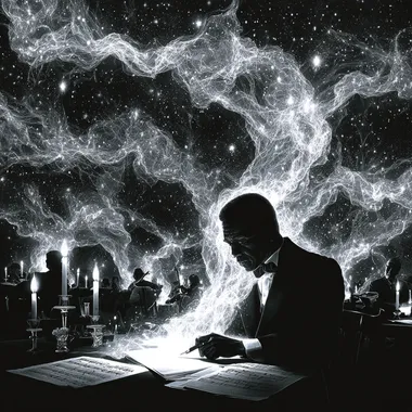 In a smoky caf lit by candlelight and rebellion, the male writer leans over a cluttered table, scribbling on scrolls of paper as jazz notes swirl around him like ghosts.  suxnz8t