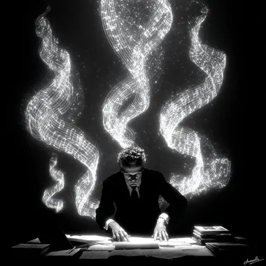 In a smoky caf lit by candlelight and rebellion, the male writer leans over a cluttered table, scribbling on scrolls of paper as jazz notes swirl around him like ghosts.  suxnz8t