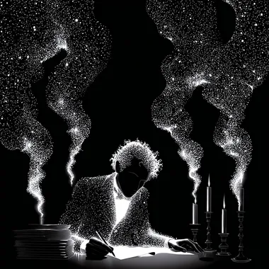 In a smoky caf lit by candlelight and rebellion, the male writer leans over a cluttered table, scribbling on scrolls of paper as jazz notes swirl around him like ghosts.  suxnz8t