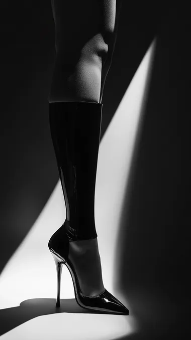 High heels, black stockings, high contrast, low-key lighting, fashion photography, studio shot, white background, shadow play, black and white.