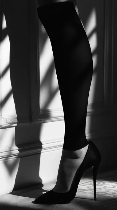 High heels, black stockings, high contrast, low-key lighting, fashion photography, studio shot, white background, shadow play, black and white.