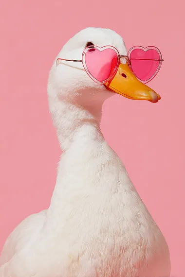 Cute white duck with pink heart-shaped sunglasses, pastel background, digital art in the style of Harriet Lee-Merrion