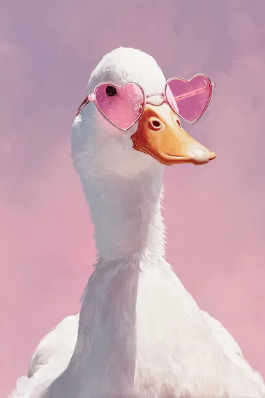Cute white duck with pink heart-shaped sunglasses, pastel background, digital art in the style of Harriet Lee-Merrion