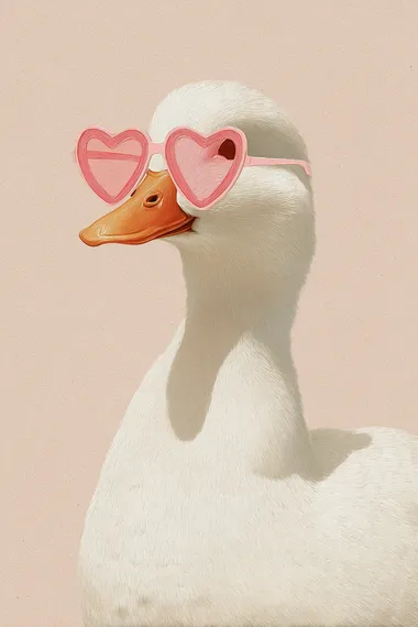 Cute white duck with pink heart-shaped sunglasses, pastel background, digital art in the style of Harriet Lee-Merrion