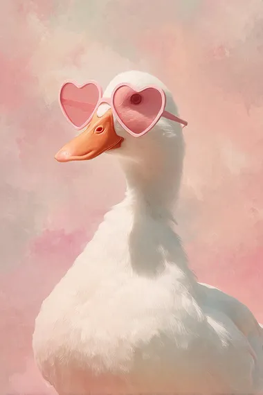 Cute white duck with pink heart-shaped sunglasses, pastel background, digital art in the style of Harriet Lee-Merrion