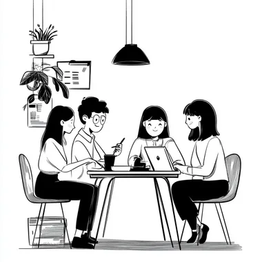Draw a simple black and white cartoon style, minimalist, simple strokes, depiction ofThe office team is united and the atmosphere is very good