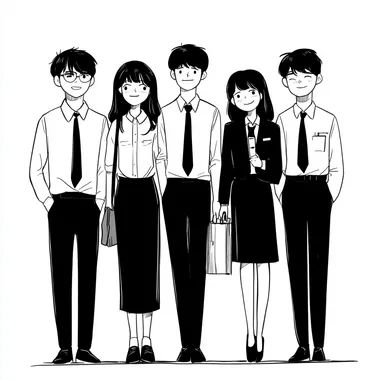 Draw a simple black and white cartoon style, minimalist, simple strokes, depiction ofThe office team is united and the atmosphere is very good