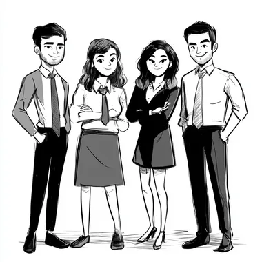 Draw a simple black and white cartoon style, minimalist, simple strokes, depiction ofThe office team is united and the atmosphere is very good