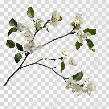 Real pear blossom branches with leaves and pear blossoms
