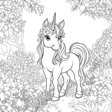 On the screen, there is a cute and beautiful young unicorn with a cartoon style and a white background Adult coloring page black and white coloring page high-definition image