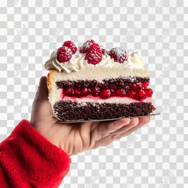 a hand of Santa Claus holding a slice of Christmas cake underneath, in Christmas colors with red fruit filling, ultra detailed, 8k, cinematic effect, on a white background
