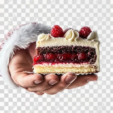 a hand of Santa Claus holding a slice of Christmas cake underneath, in Christmas colors with red fruit filling, ultra detailed, 8k, cinematic effect, on a white background