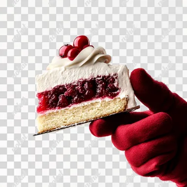 a hand of Santa Claus holding a slice of Christmas cake underneath, in Christmas colors with red fruit filling, ultra detailed, 8k, cinematic effect, on a white background