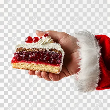 a hand of Santa Claus holding a slice of Christmas cake underneath, in Christmas colors with red fruit filling, ultra detailed, 8k, cinematic effect, on a white background