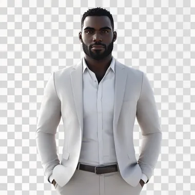 4k hyperrealism attractive African American male loan officer dressed in a white shirt and blazeer with slacks on a white background with short facial hair