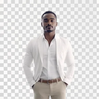 4k hyperrealism attractive African American male loan officer dressed in a white shirt and blazeer with slacks on a white background with short facial hair