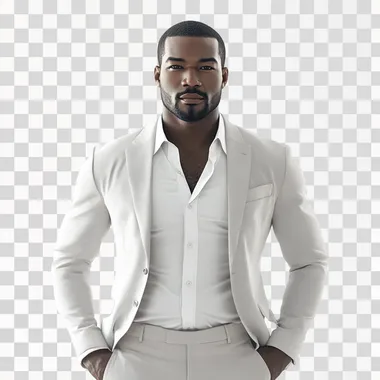 4k hyperrealism attractive African American male loan officer dressed in a white shirt and blazeer with slacks on a white background with short facial hair