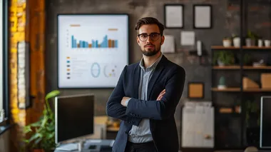 A young entrepreneur in a modern office setting with a goal chart displayed on a digital board