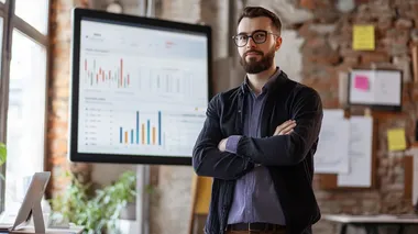 A young entrepreneur in a modern office setting with a goal chart displayed on a digital board