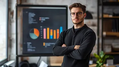 A young entrepreneur in a modern office setting with a goal chart displayed on a digital board