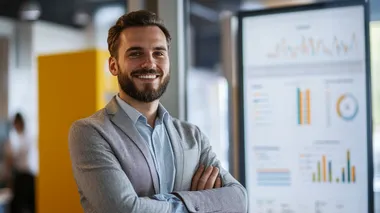 A young entrepreneur in a modern office setting with a goal chart displayed on a digital board