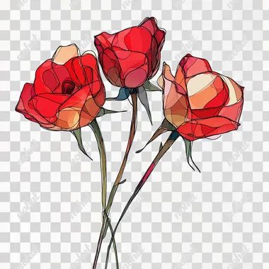 close-up three red roses, simple vector illustration, white background
