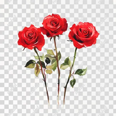close-up three red roses, simple vector illustration, white background