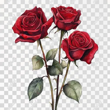 close-up three red roses, simple vector illustration, white background