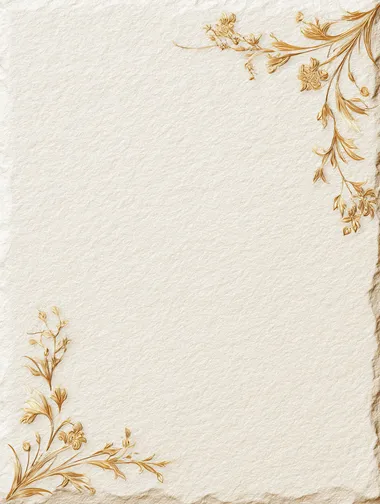 Minimalistic and elegant vertical background with a realistic premium-quality textured paper surface, soft ivory or delicate cream color. Graceful, refined golden ornamental elements (thin, subtle floral or vintage flourishes) placed gently and discreetly only in two opposite corners (for example, top-right and bottom-left), leaving the central area clear. No text or other distracting details. Calm, luxurious, balanced aesthetic, professional high-resolution studio photo quality, soft shadows and subtle gradients