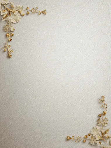 Minimalistic and elegant vertical background with a realistic premium-quality textured paper surface, soft ivory or delicate cream color. Graceful, refined golden ornamental elements (thin, subtle floral or vintage flourishes) placed gently and discreetly only in two opposite corners (for example, top-right and bottom-left), leaving the central area clear. No text or other distracting details. Calm, luxurious, balanced aesthetic, professional high-resolution studio photo quality, soft shadows and subtle gradients