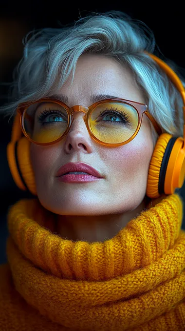 a person in their late 40's with headphones listening to music, looking thoughtful