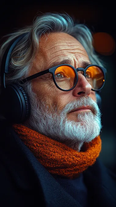 a person in their late 40's with headphones listening to music, looking thoughtful