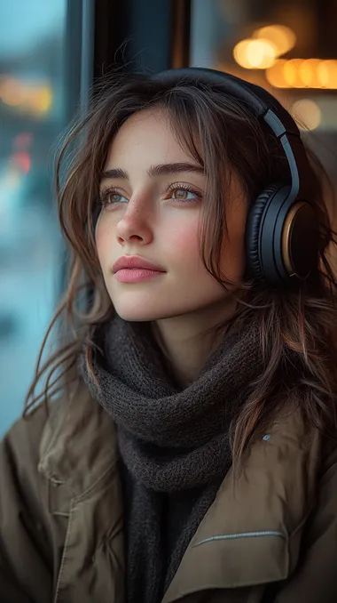a person in their late 40's with headphones listening to music, looking thoughtful