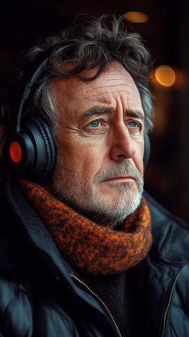 a person in their late 40's with headphones listening to music, looking thoughtful