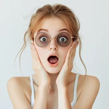 A young woman with sunglasses, looking surprised, facing forward. She has wide eyes, slightly open mouth, and her hands near her face, emphasizing her surprise. She is stylishly dressed, with her hair flowing naturally, set against a simple background to focus on her expression and sunglasses. The lighting is soft, highlighting her surprised expression and the details on her sunglasses.
