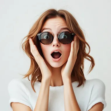 A young woman with sunglasses, looking surprised, facing forward. She has wide eyes, slightly open mouth, and her hands near her face, emphasizing her surprise. She is stylishly dressed, with her hair flowing naturally, set against a simple background to focus on her expression and sunglasses. The lighting is soft, highlighting her surprised expression and the details on her sunglasses.