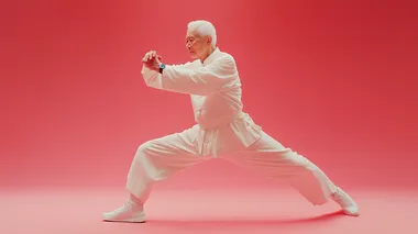 Studio style, shot in a studio setting. In the middle scene, a Chinese elderly person is practicing Tai Chi with a smartwatch on their wrist, elegant movements in white clothing, silver white hair, and a hint of grass under their feet. Filmed in a studio setting, the scene features strong contrast, high saturation, numerous details, exquisite smoothness, high definition, Rembrandt lighting, movie quality, large wide-angle, panoramic, and deep depth of field. There's nothing around them, the entire background and ground are pink, they were filmed in the studio,