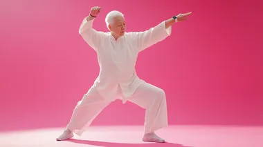 Studio style, shot in a studio setting. In the middle scene, a Chinese elderly person is practicing Tai Chi with a smartwatch on their wrist, elegant movements in white clothing, silver white hair, and a hint of grass under their feet. Filmed in a studio setting, the scene features strong contrast, high saturation, numerous details, exquisite smoothness, high definition, Rembrandt lighting, movie quality, large wide-angle, panoramic, and deep depth of field. There's nothing around them, the entire background and ground are pink, they were filmed in the studio,