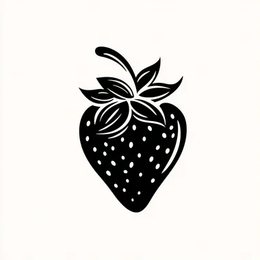 "minimalist black and white strawberry logo, negative space design, hollow strawberry silhouette with scattered seed dots, single curved leaf with dewdrop, clean food packaging, vector flat style    --raw