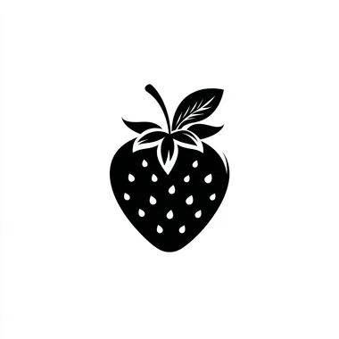 "minimalist black and white strawberry logo, negative space design, hollow strawberry silhouette with scattered seed dots, single curved leaf with dewdrop, clean food packaging, vector flat style    --raw